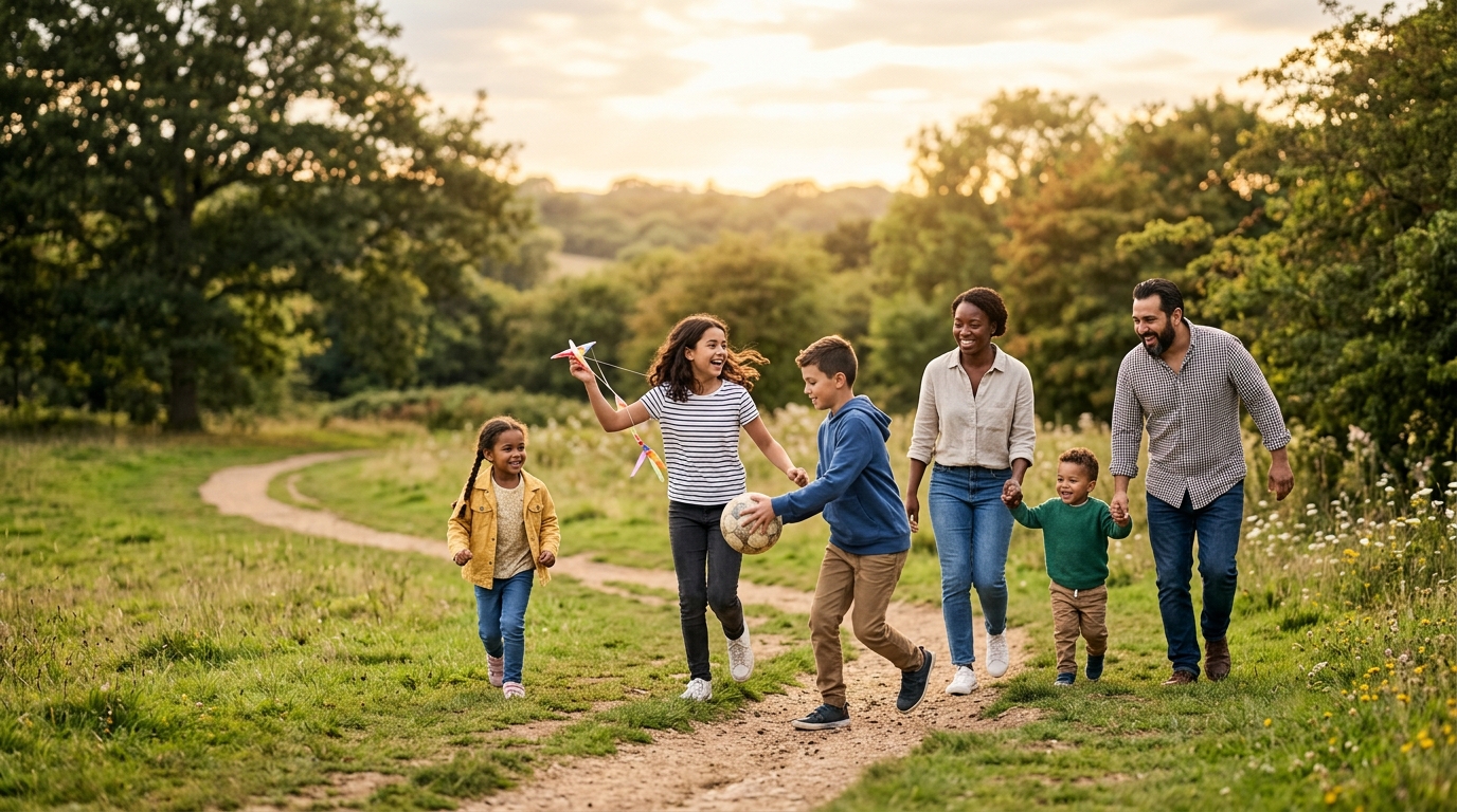 Family enjoying outdoor active play with kids in a sunny backyard - does limiting screen time actually help
