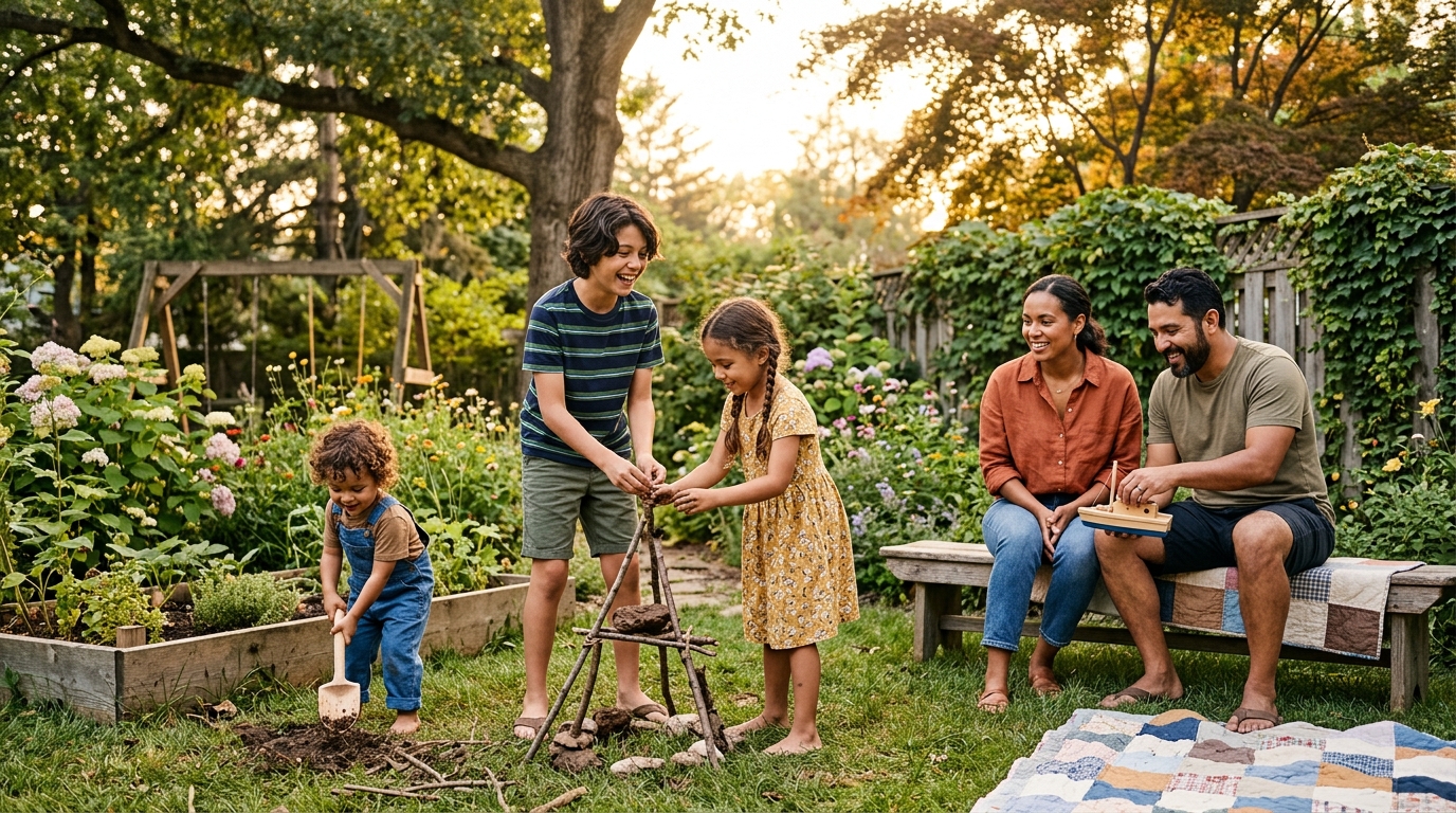 Family enjoying outdoor active play with kids in a sunny backyard - parents ditching modern tech for old-sch